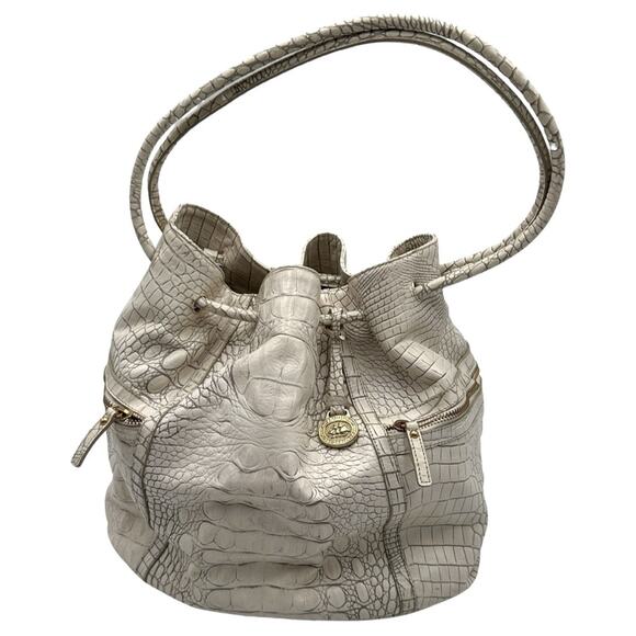 Brahmin Dee Dee Grotto Pearl OffWhite Drawstring Melbourne Croc Embossed Leather - Picture 13 of 16